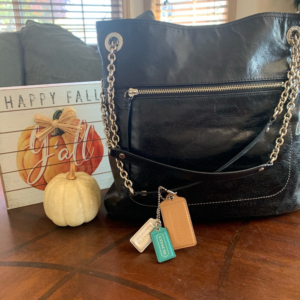 Coach Black Leather with chain straps purse